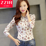 ZZIR2015秋装新款 韩国气质复古玫瑰花印花棉质长袖衬衫衬衣女装