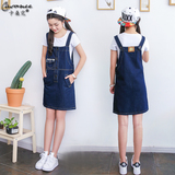 2016韩版少女装夏装新款宽松短袖T恤牛仔背带中裙连衣裙两件套女