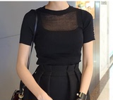 夏季女韩国正品代购时尚性感透视薄款修身黑色短袖针织衫T恤打底
