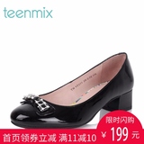 Teenmix/天美意秋季专柜同款牛皮蝴蝶结小方跟女单鞋6ZU03CQ5