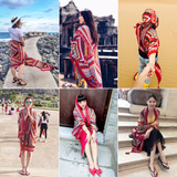 尼泊尔红色拍照围巾图腾双面棉麻长款民族风披肩两用防晒沙滩丝巾