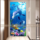 艺术玻璃雕刻简约风格玄关背景墙屏风隔断门蓝色海底世界海豚母子