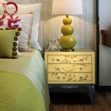 晋元恒彩绘漆器家具 新中式金色床头柜 装饰柜 手绘角柜 三斗柜