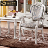 欧式田园实木象牙白色餐椅子 休闲扶手椅咖啡椅雕花韩式风格餐椅