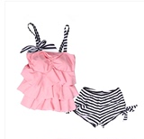 中大童女童泳衣吊带成人儿童分体泳衣粉色黑白条纹平角泳裤蝴蝶结
