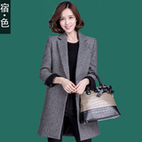 宿色女装2015秋冬新款韩版西装领格子羊毛呢大衣气质呢子夹棉外套