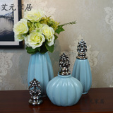 新古典欧式现代简约时尚花瓶摆件餐桌客厅陶瓷工艺品蓝色三件套