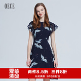 Oece2016夏装新款女装 复古仙鹤印花雪纺连衣裙夏女高腰显瘦FS152