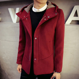 新款冬季青少年大衣韩版修身加厚毛呢子连帽学生风衣外套潮男士装