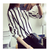 2015秋装新款黑白条纹雪纺上衣韩版潮女长袖打底衫大码学生T恤潮