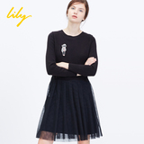 Lily2015冬正品代购115410C7133纯色修身纱网长袖假两件连衣裙
