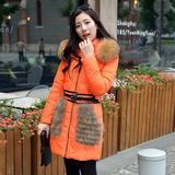 2014女装冬季新款韩版加厚中长款真毛领羽绒服配腰带Y997