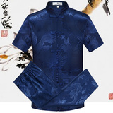 夏季新款唐装男短袖套装中老年人中式中国风蚕丝民族爸爸服装大码