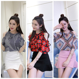 韩国夏装新款女装宽松花色露肩上衣女人喇叭袖百搭显瘦套头雪纺衫