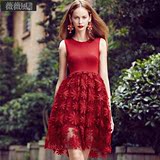 红裙子2016夏装女装拼接显瘦蕾丝花朵无袖网纱蓬蓬裙大红色连衣裙