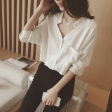 2016春装新款韩国学生白色衬衫宽松韩范蝙蝠袖V领女雪纺衫衬衣潮