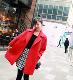 2016秋冬新款女装高级定制宽松正红色中长款双面羊绒大衣外套