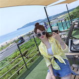 秋装新款女装韩版中长款竖条纹长袖衬衫韩国宽松黄色衬衣外套WY10