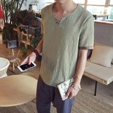 夏季亚麻短袖t恤男士v领体恤修身棉麻半袖中国风潮流男装衣服纯色