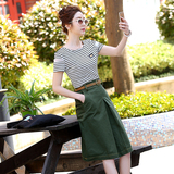 韩版夏季中长款学生显瘦半身裙套装裙学院风短袖条纹两件套连衣裙