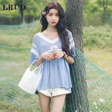 LRUD2016夏季新款韩版V领蕾丝拼接衬衫女宽松五分袖娃娃衫上衣