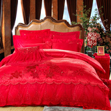馨逸嘉高档贡缎大提花绣花大红结婚床品十件套多件套欧式蕾丝套件
