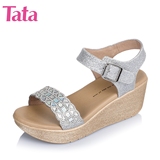 Tata/他她2016年夏季专柜同款亮片布坡跟时尚女凉鞋2NTA9BL6