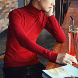 韩版修身红色高领毛衣男冬时尚长领套头针织衫青少年围脖毛线衣潮