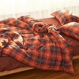 日式简约全棉水洗棉色织法兰绒格子床单床笠四件套纯棉床上用品