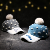 时尚秋冬天兔毛球女式棒球帽女式帽子鸭舌帽甜美可爱加厚保暖冬季