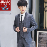 四季休闲格子西服套装男青年韩版修身小西装三件套工作正装礼服潮