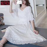 白色裙子2016夏季新款韩版女装中长款小清新V领显瘦雪纺连衣裙潮