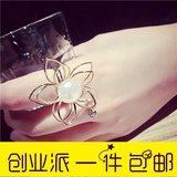 韩国时尚甜美珍珠镂空立体花朵个性时尚食指指环戒指装配