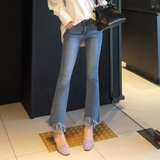 BINS韩国代购女装正品2016春季新款时髦洋气流苏毛边微喇裤牛仔裤