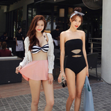 2016新款韩国钢托聚拢游泳衣女比基尼条纹高腰泳装+连体黑bikini