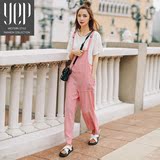 YEP2016夏季新品韩版工装薄雪纺粉色阔腿长裤无袖背带连体裤女潮