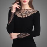2016秋装新款性感黑色长袖蕾丝打底衫女 修身显瘦低领百搭打底衣