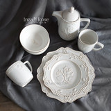 凡尔赛玫瑰。手绘浮雕做旧陶瓷西餐盘子碟子茶壶马克杯餐具套装