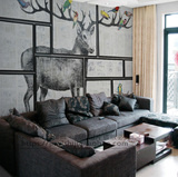 3D北欧大型壁画 梅花鹿个性墙纸壁纸 复古文艺方框电视背景墙