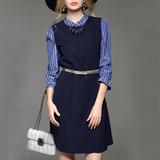 2015秋冬新款黑蓝条纹假两件短款七分袖小衫一步裙打底立领连衣裙