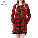 ELAND秋冬新品中长款红黑格子针织开衫女EECK54T51M专柜正品
