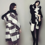 韩版宽松两面穿大毛领大衣黑白格子加厚毛呢外套女冬季中长款斗篷