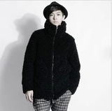 韩版大码男士冬季保暖加绒加厚立领黑色羊羔毛立领开衫卫衣外套