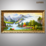 小乐熊 手绘新中式风景油画客厅沙发背景横幅有框聚宝盆装饰画