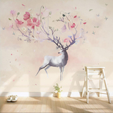定制欧式手绘墙纸壁画麋鹿 客厅电视背景墙壁纸 温馨卧室花卉墙布