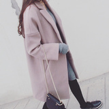 2015秋冬韩版宽松驼粉色毛呢外套女夹棉加厚中长款茧型羊毛呢大衣