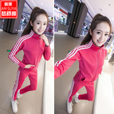 2016休闲跑步三条杠运动套装女春秋学生韩版修身运动服套装两件套