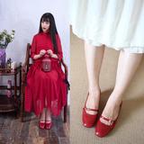 林印象2016春季日系森女一字扣带中跟单鞋复古公主方头浅口女鞋红