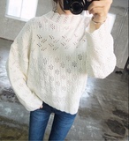 韩国2015秋装甜美针织衫勾花镂空宽松长袖半高领套头女毛衣潮