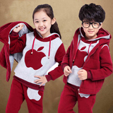 2015冬季新款加绒加厚 男女童装三件套 儿童外套女孩苹果卫衣套装